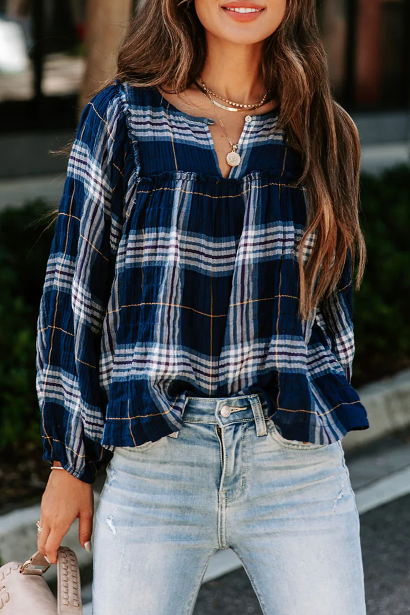 Casual Plaid Patchwork V Neck Tops