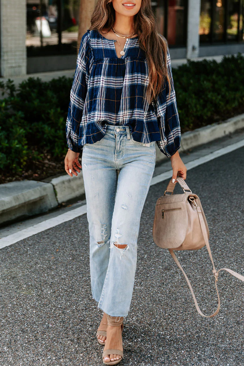 Casual Plaid Patchwork V Neck Tops